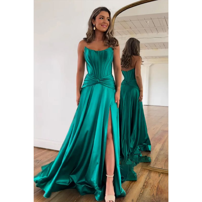 NumberSea - A - line Strapless Pleats Satin High Split Long Prom Dress Evening Gowns