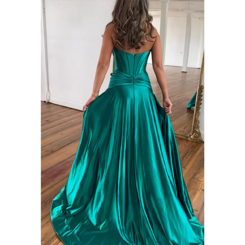 NumberSea - A - line Strapless Pleats Satin High Split Long Prom Dress Evening Gowns