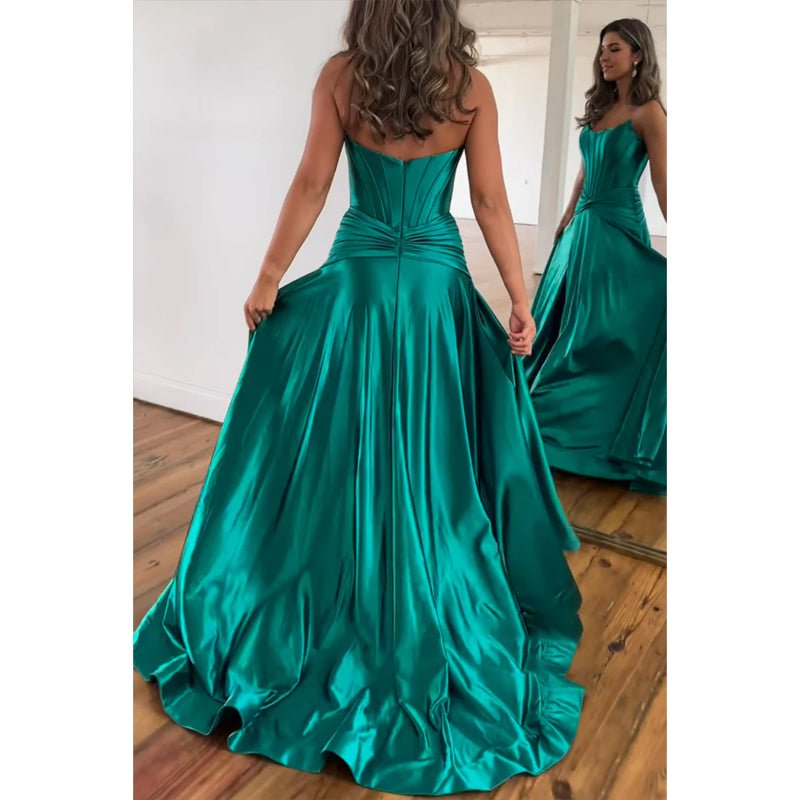 NumberSea - A - line Strapless Pleats Satin High Split Long Prom Dress Evening Gowns