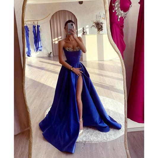 NumberSea - A Line Strapless Satin Beads Long Prom Formal Dress with Slit