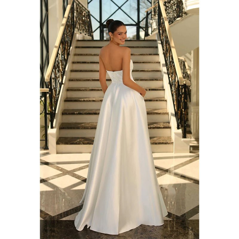 NumberSea - A Line Strapless Satin Pleats Long Prom Formal Dress with Pockets