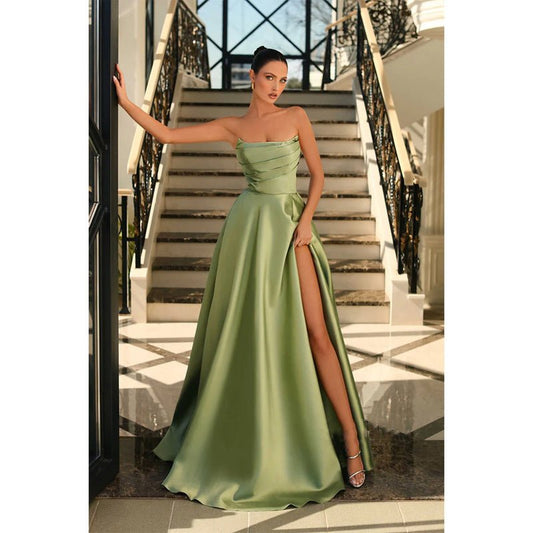 NumberSea - A Line Strapless Satin Pleats Long Prom Formal Dress with Pockets