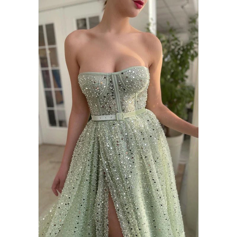 NumberSea - A - Line Strapless Sequined Split Sleeveless Prom Evening Formal Dress