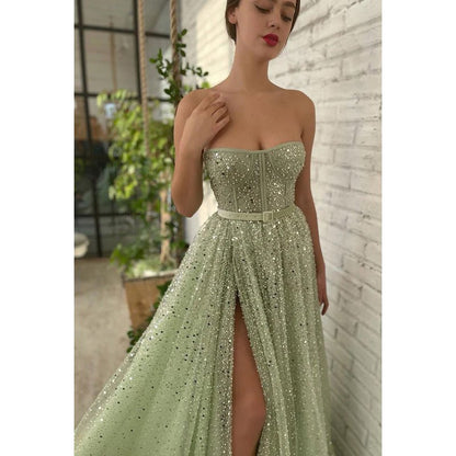 NumberSea - A - Line Strapless Sequined Split Sleeveless Prom Evening Formal Dress