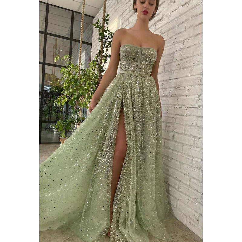 NumberSea - A - Line Strapless Sequined Split Sleeveless Prom Evening Formal Dress