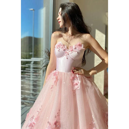 NumberSea - A - Line Strapless Tulle Appliques Sleeveless Prom Evening Formal Dress