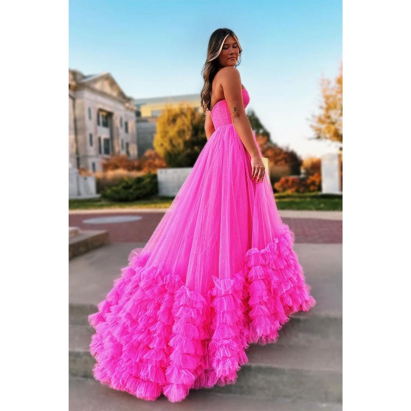 NumberSea - A - line Strapless Tulle Pink Ball Gown Long Prom Dress Evening Gowns