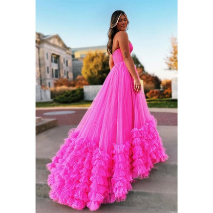 NumberSea - A - line Strapless Tulle Pink Ball Gown Long Prom Dress Evening Gowns