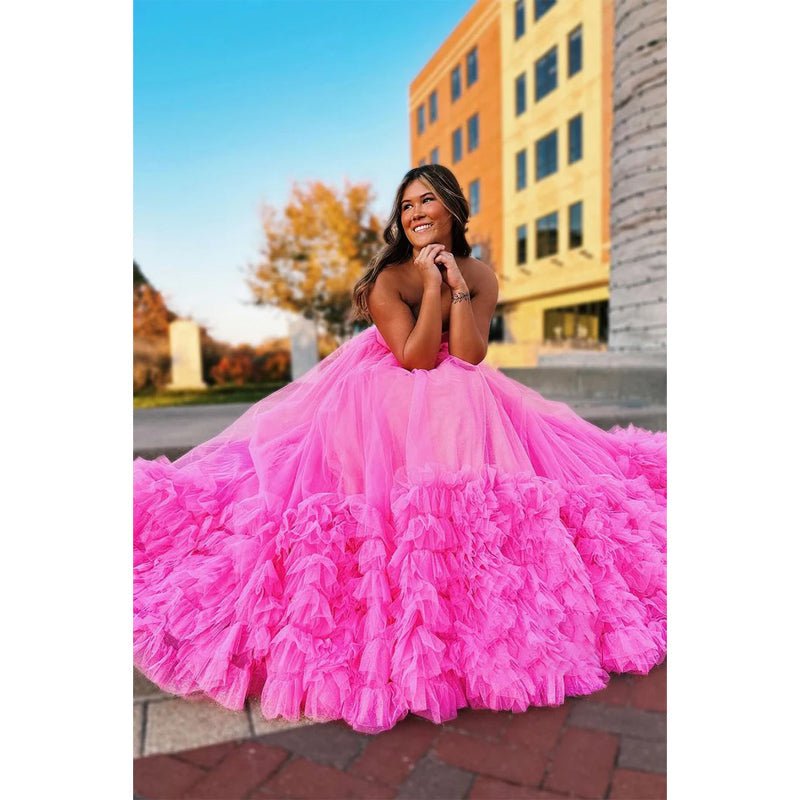 NumberSea - A - line Strapless Tulle Pink Ball Gown Long Prom Dress Evening Gowns