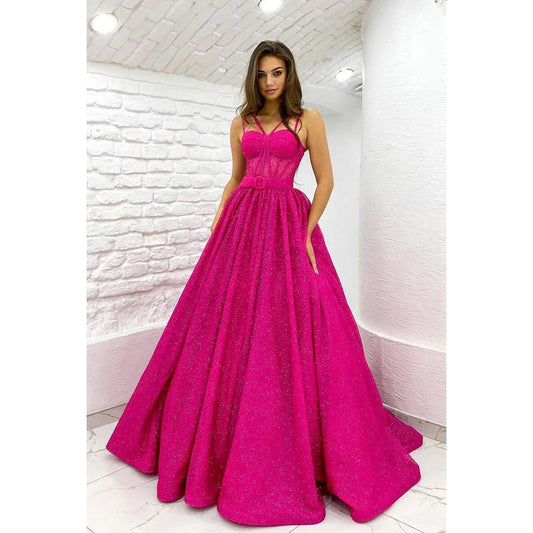 NumberSea - A - Line Straps Sequined Belt Sleeveless Prom Dress