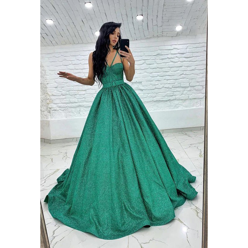 NumberSea - A - Line Straps Sequined Belt Sleeveless Prom Dress