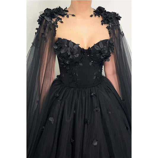 NumberSea - A Line Sweetheart 3d Appliques Black Long Prom Ball Gown