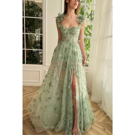 NumberSea - A Line Sweetheart 3d Lace Green Long Prom Dress with Slit