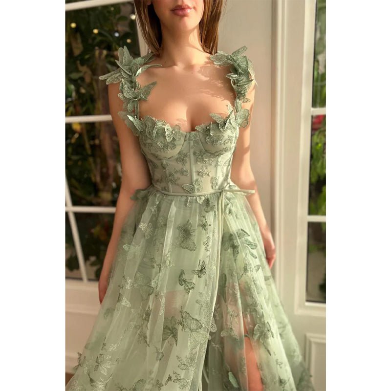 NumberSea - A Line Sweetheart 3d Lace Green Long Prom Dress with Slit