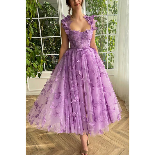 NumberSea - A Line Sweetheart 3d Lace Purple Vintage Prom Dress with Pockets