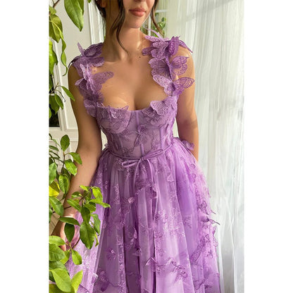 NumberSea - A Line Sweetheart 3d Lace Purple Vintage Prom Dress with Pockets