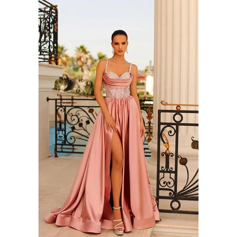 NumberSea - A Line Sweetheart Beaded Pleated Satin Long Prom Evening Dress With Slit