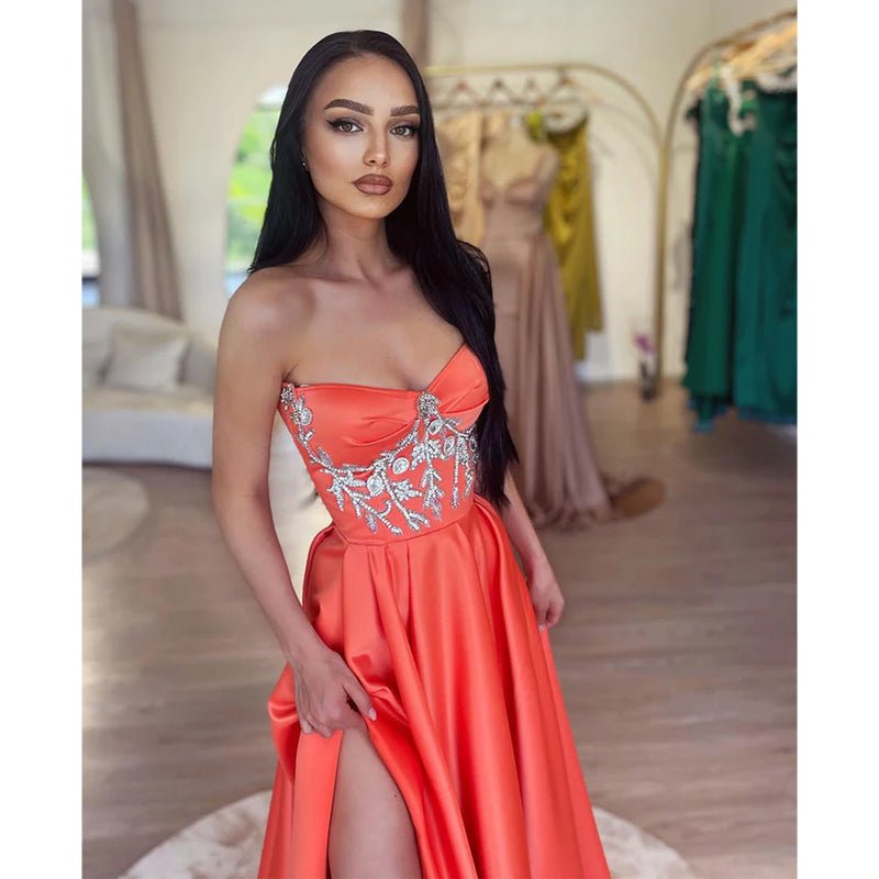 NumberSea - A Line Sweetheart Beads Satin Long Prom Formal Dress with Slit