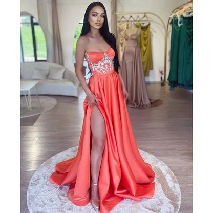 NumberSea - A Line Sweetheart Beads Satin Long Prom Formal Dress with Slit