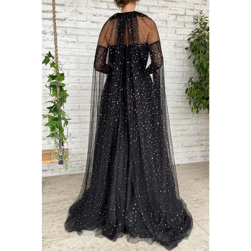 NumberSea - A - line Sweetheart Black Star Tulle Long Prom Dress Glitter