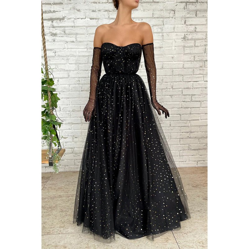 NumberSea - A - line Sweetheart Black Star Tulle Long Prom Dress Glitter