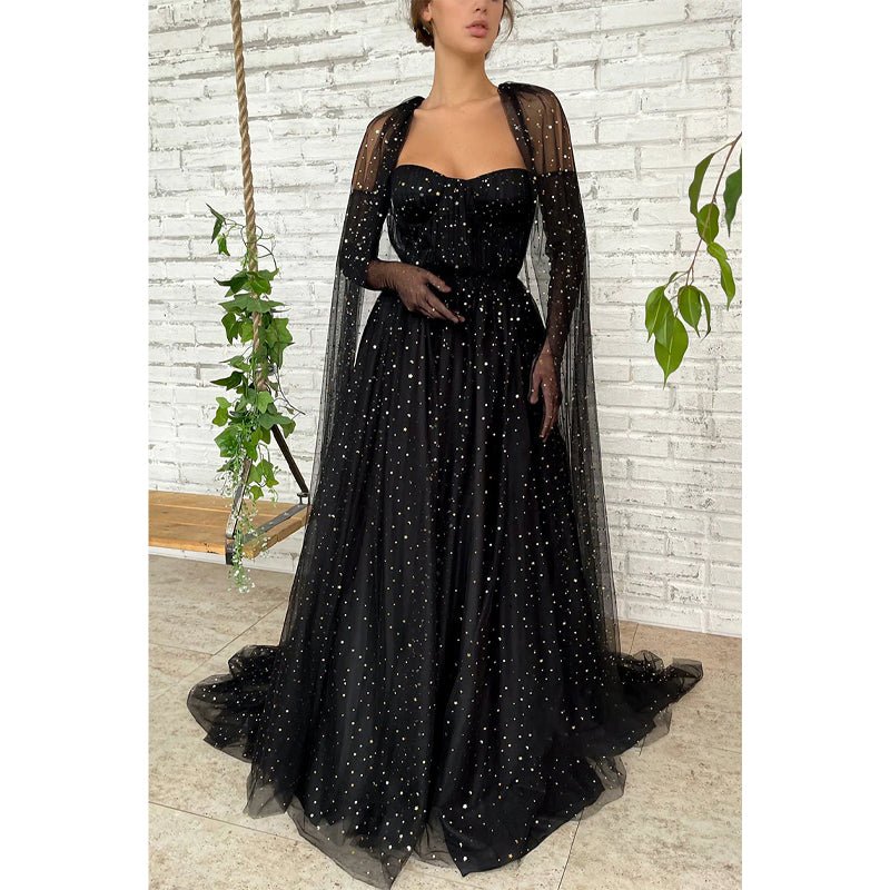 NumberSea - A - line Sweetheart Black Star Tulle Long Prom Dress Glitter