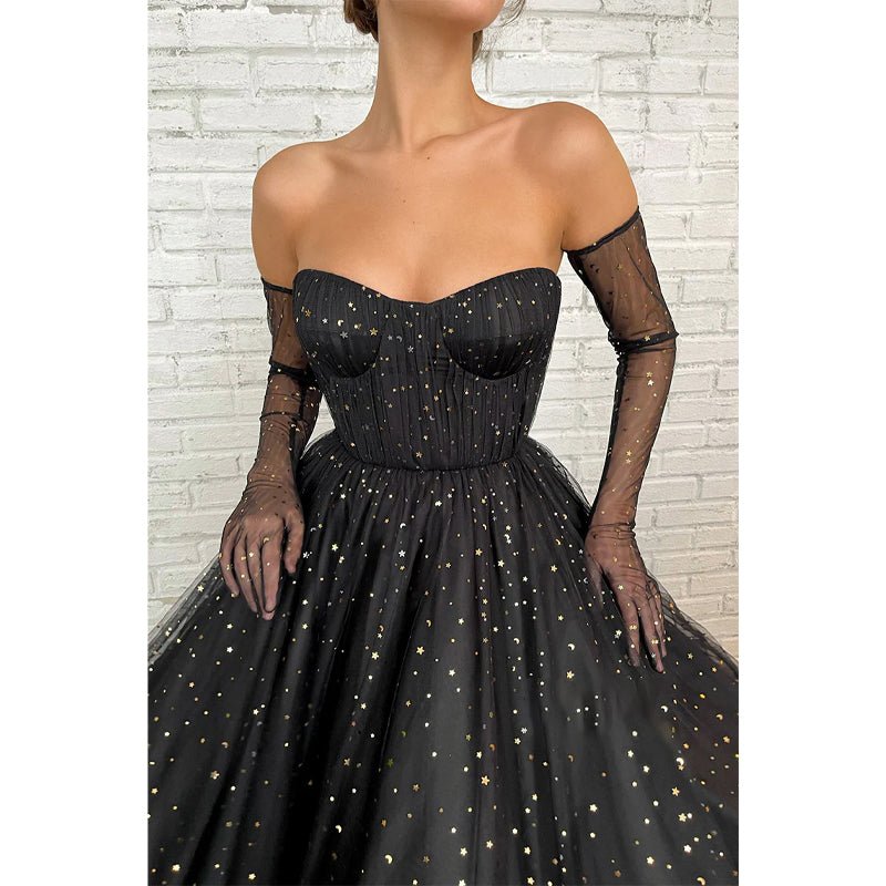 NumberSea - A - line Sweetheart Black Star Tulle Long Prom Dress Glitter