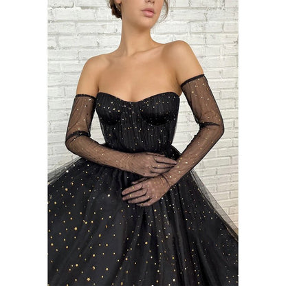 NumberSea - A - line Sweetheart Black Star Tulle Long Prom Dress Glitter