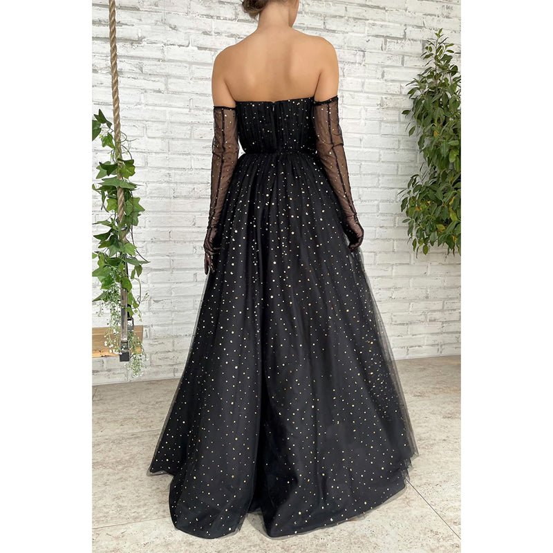 NumberSea - A - line Sweetheart Black Star Tulle Long Prom Dress Glitter