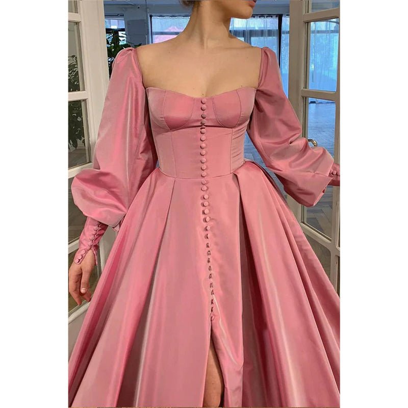 NumberSea - A - line Sweetheart Chic Button High Split Long Sleeves Prom Dress Formal Evening Dress