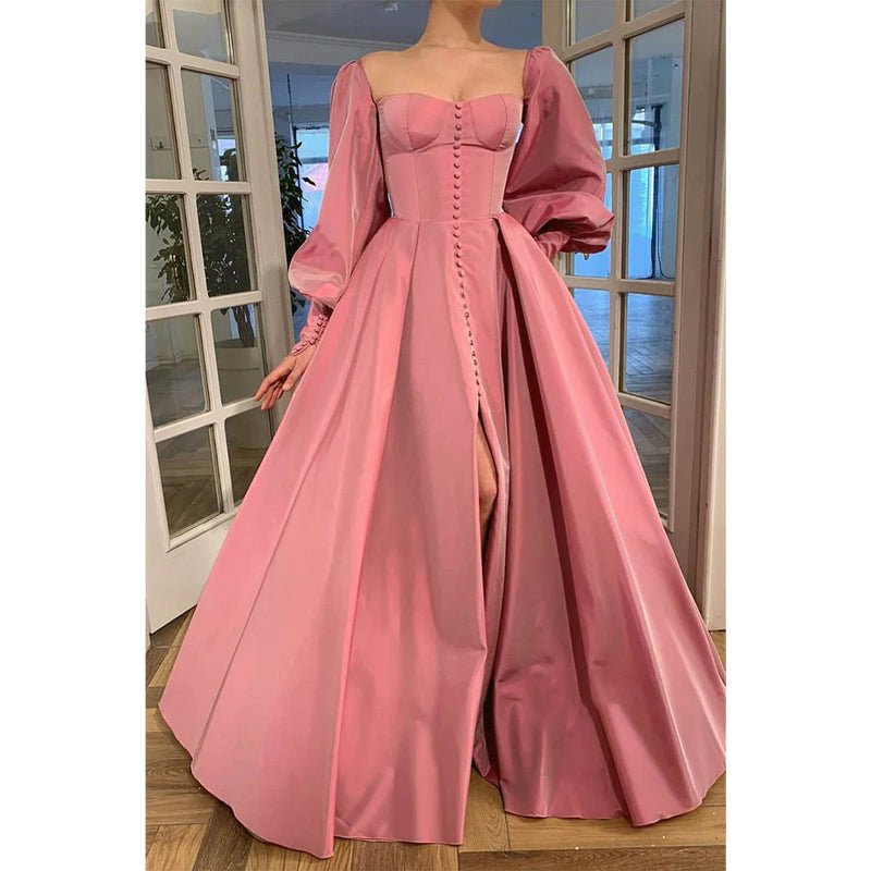 NumberSea - A - line Sweetheart Chic Button High Split Long Sleeves Prom Dress Formal Evening Dress