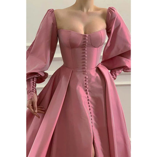 NumberSea - A - line Sweetheart Chic Button High Split Long Sleeves Prom Dress Formal Evening Dress