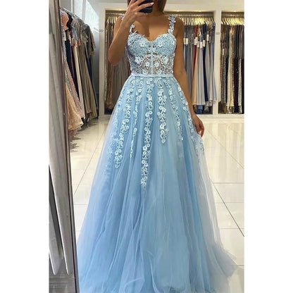 NumberSea - A - line Sweetheart Chic Lace Appliques Long Prom Dress Formal Evening Gowns