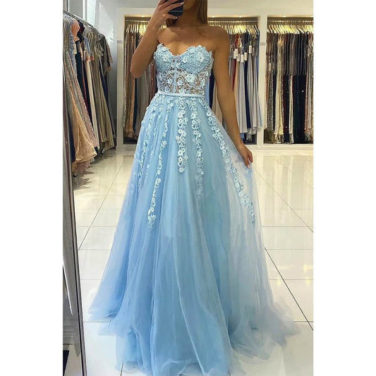 NumberSea - A - line Sweetheart Chic Lace Appliques Long Prom Dress Formal Evening Gowns