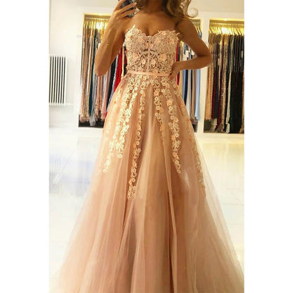 NumberSea - A - line Sweetheart Chic Lace Appliques Long Prom Dress Formal Evening Gowns