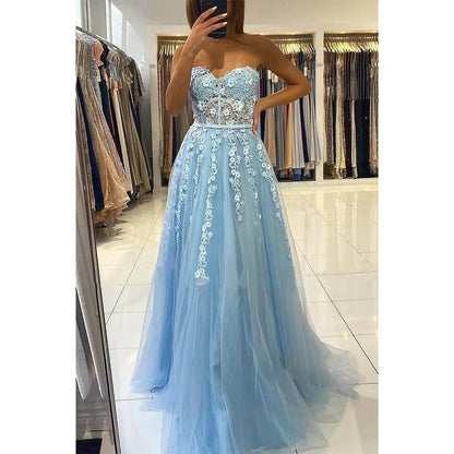 NumberSea - A - line Sweetheart Chic Lace Appliques Long Prom Dress Formal Evening Gowns