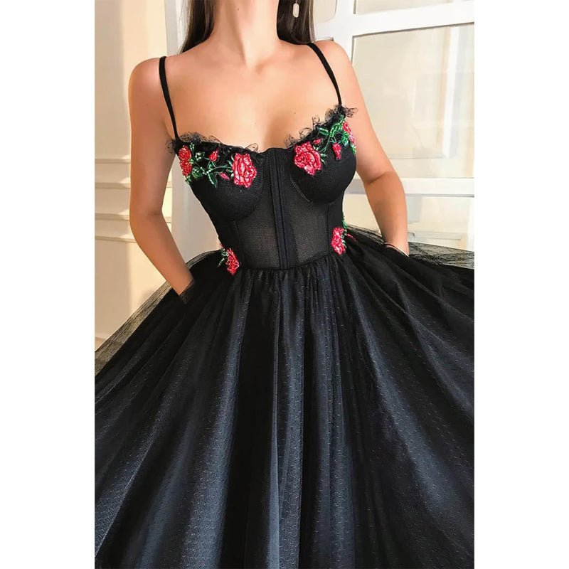 NumberSea - A - line Sweetheart Embroidery Black Tulle Long Prom Dress with Pockets Formal Evening Gowns