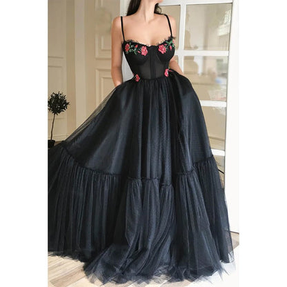 NumberSea - A - line Sweetheart Embroidery Black Tulle Long Prom Dress with Pockets Formal Evening Gowns