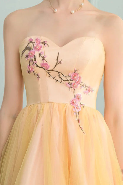 NumberSea - A - Line Sweetheart High Low Yellow Stretch Satin Homecoming Dress with Appliques