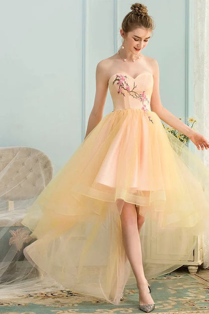 NumberSea - A - Line Sweetheart High Low Yellow Stretch Satin Homecoming Dress with Appliques