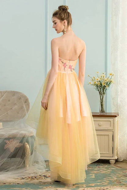 NumberSea - A - Line Sweetheart High Low Yellow Stretch Satin Homecoming Dress with Appliques