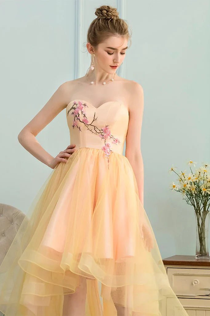 NumberSea - A - Line Sweetheart High Low Yellow Stretch Satin Homecoming Dress with Appliques