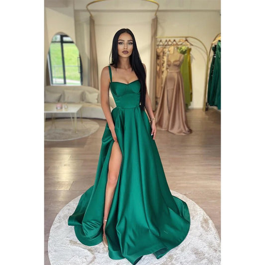 NumberSea - A Line Sweetheart High Split Green Long Prom Dress with Pockets