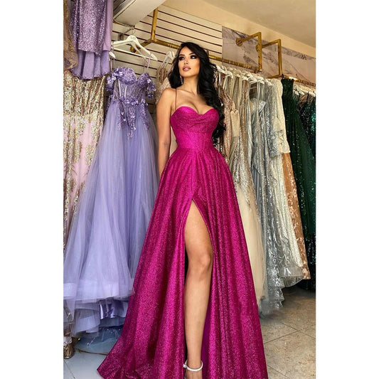 NumberSea - A Line Sweetheart High Split Sparkly Prom Party Dress with Slit