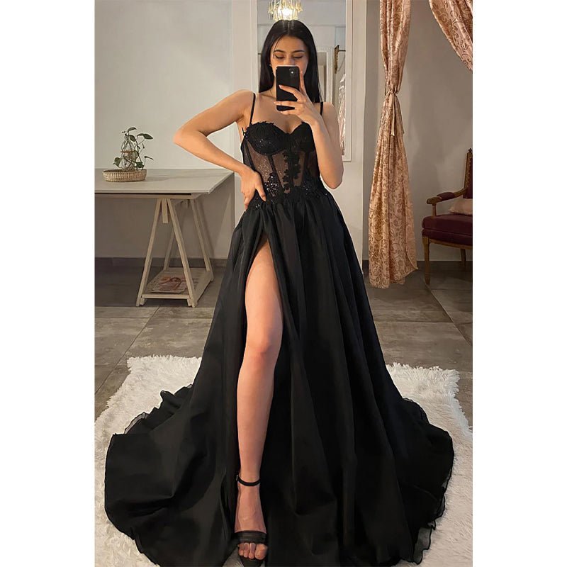 NumberSea - A - line Sweetheart Lace Appliques Black Long Prom Dress