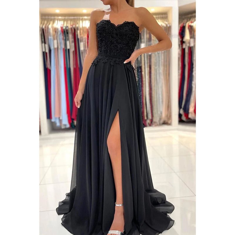 NumberSea - A - line Sweetheart Lace Appliques High Split Chiffon Black Formal Evening Dress