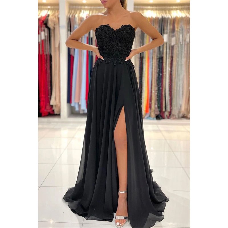 NumberSea - A - line Sweetheart Lace Appliques High Split Chiffon Black Formal Evening Dress