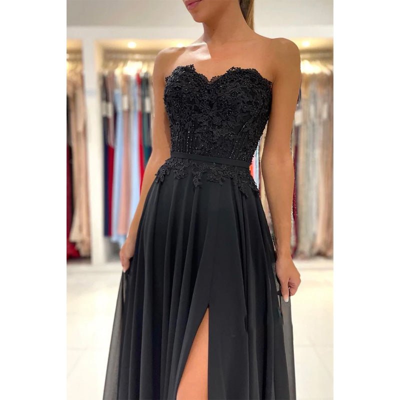 NumberSea - A - line Sweetheart Lace Appliques High Split Chiffon Black Formal Evening Dress