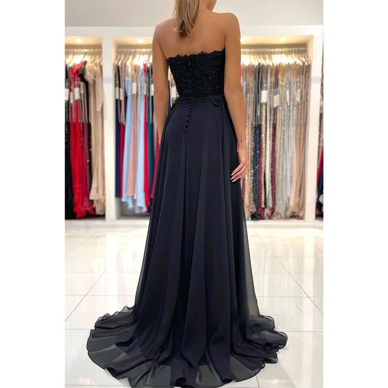 NumberSea - A - line Sweetheart Lace Appliques High Split Chiffon Black Formal Evening Dress