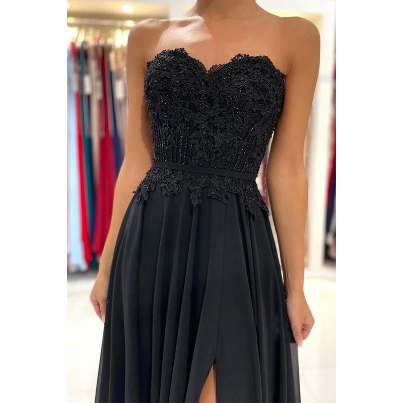 NumberSea - A - line Sweetheart Lace Appliques High Split Chiffon Black Formal Evening Dress